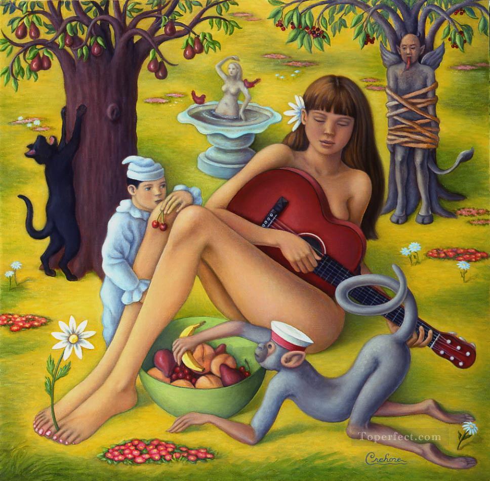 猿とギターを弾く女の子油絵